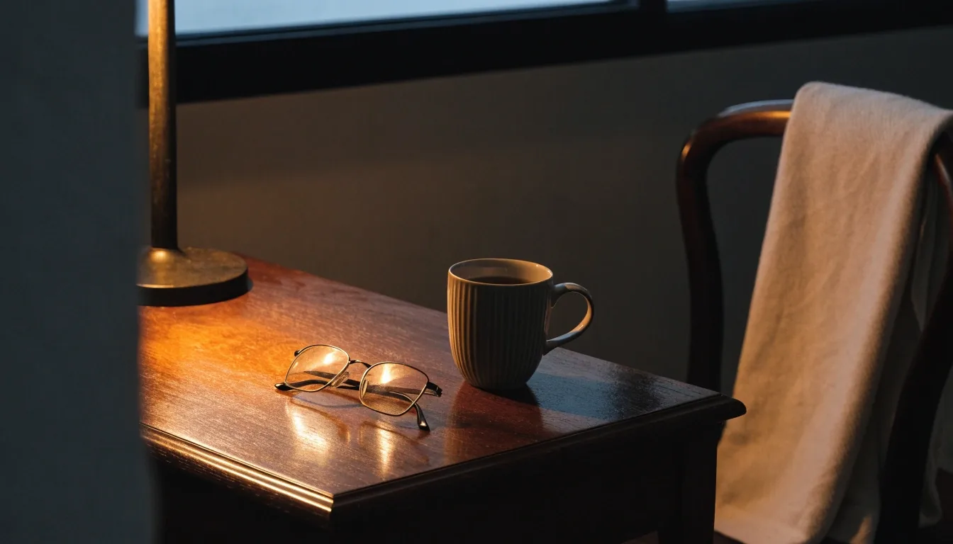 A warm lamp pool on a matte surface beside a dark window band at night