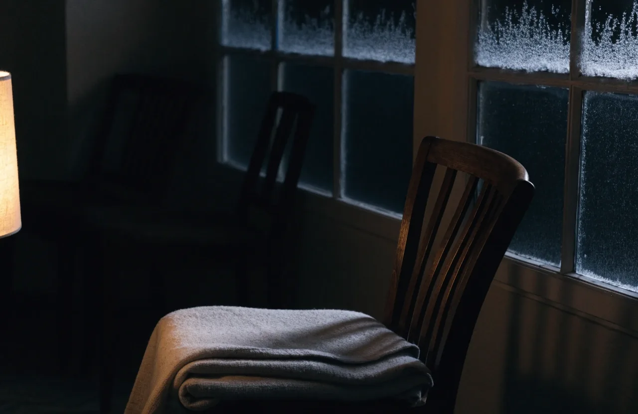 A snow-lit window frame from inside a warm room at night, with warm light spilling from a doorway at the edge