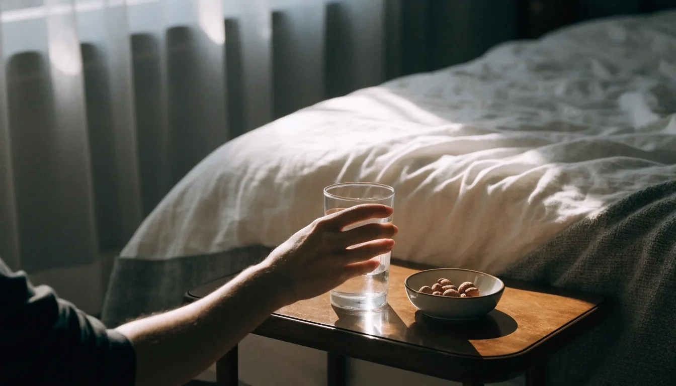 A glass of water, a bowl of nuts and a folded cloth on a wooden board in soft morning light