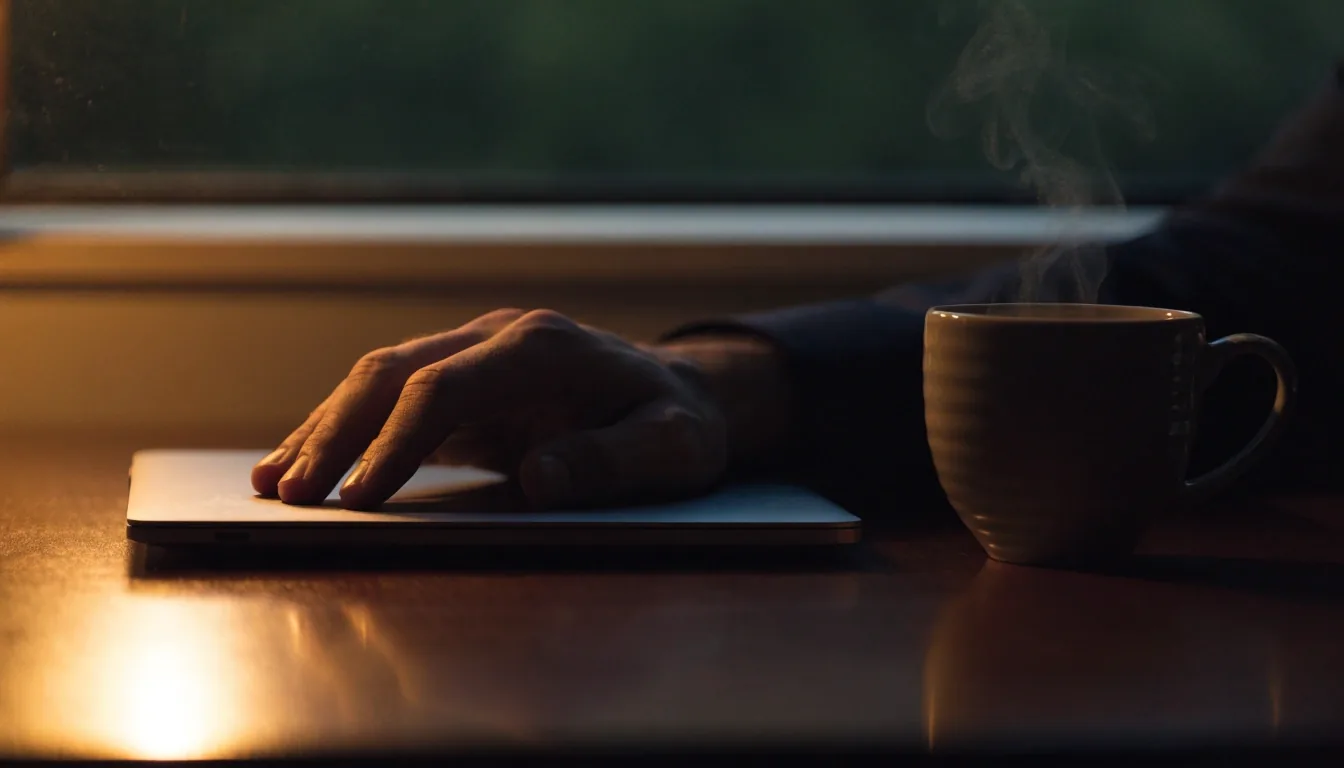 A dimly lit home desk at night with a warm lamp pool across a matte surface and a window band behind