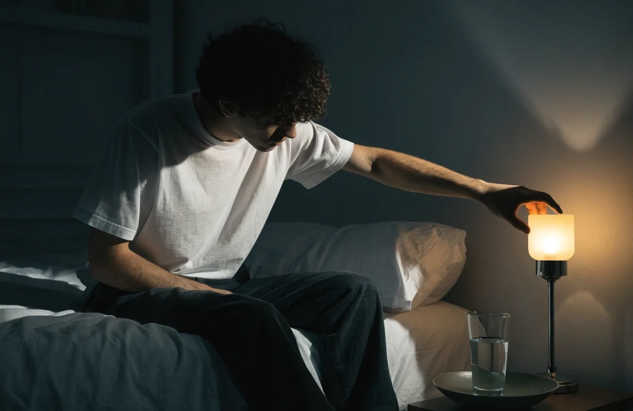 Bedside table at night with a glass of water on a matte dish under warm lamplight