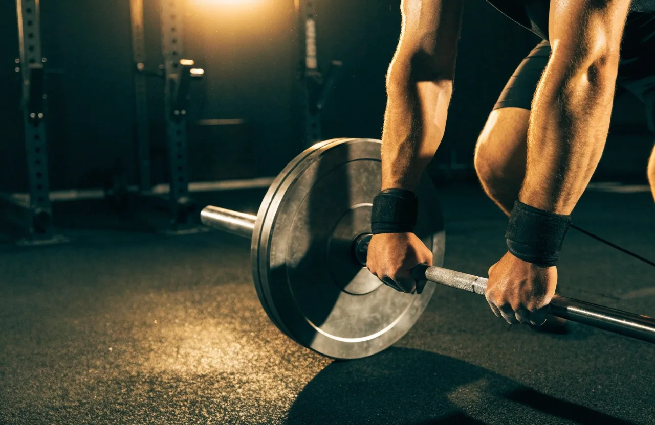 Loaded barbell on a rack in a dimly lit gym, one warm light catching the bar