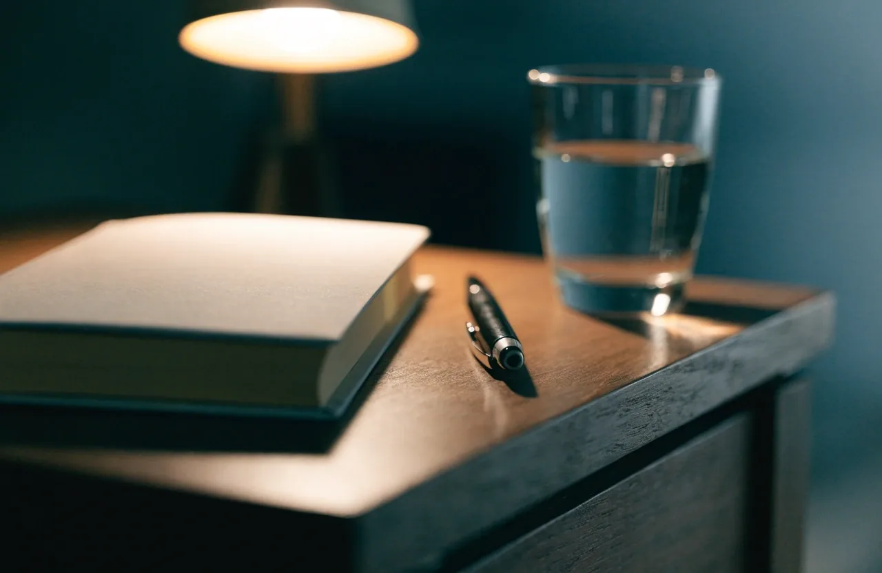 Notebook, pen and a glass of water on a nightstand under one warm lamp at the end of the week