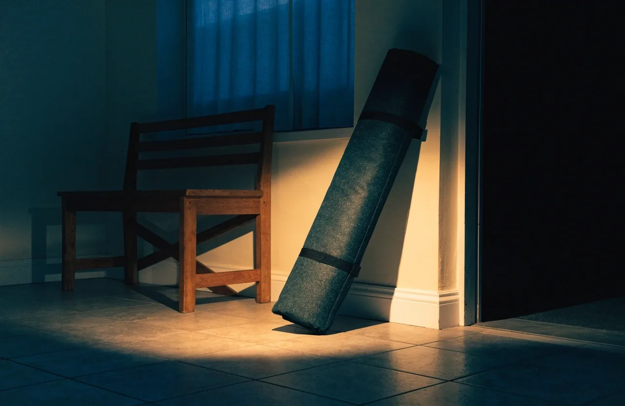 Quiet room at night with a rolled training mat and one warm pool of light on the floor