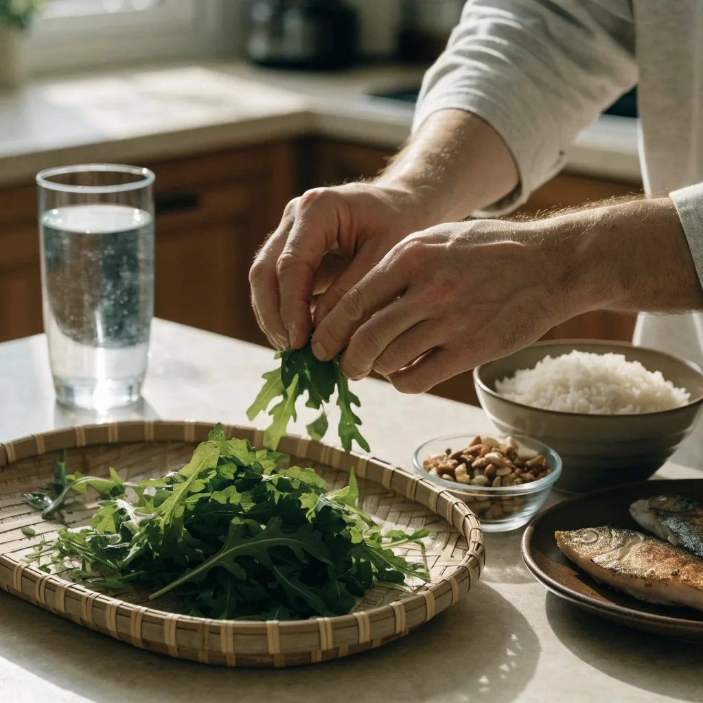 A simple daylit meal of rice, grilled fish, sauteed greens and a small dish of nuts with a glass of water