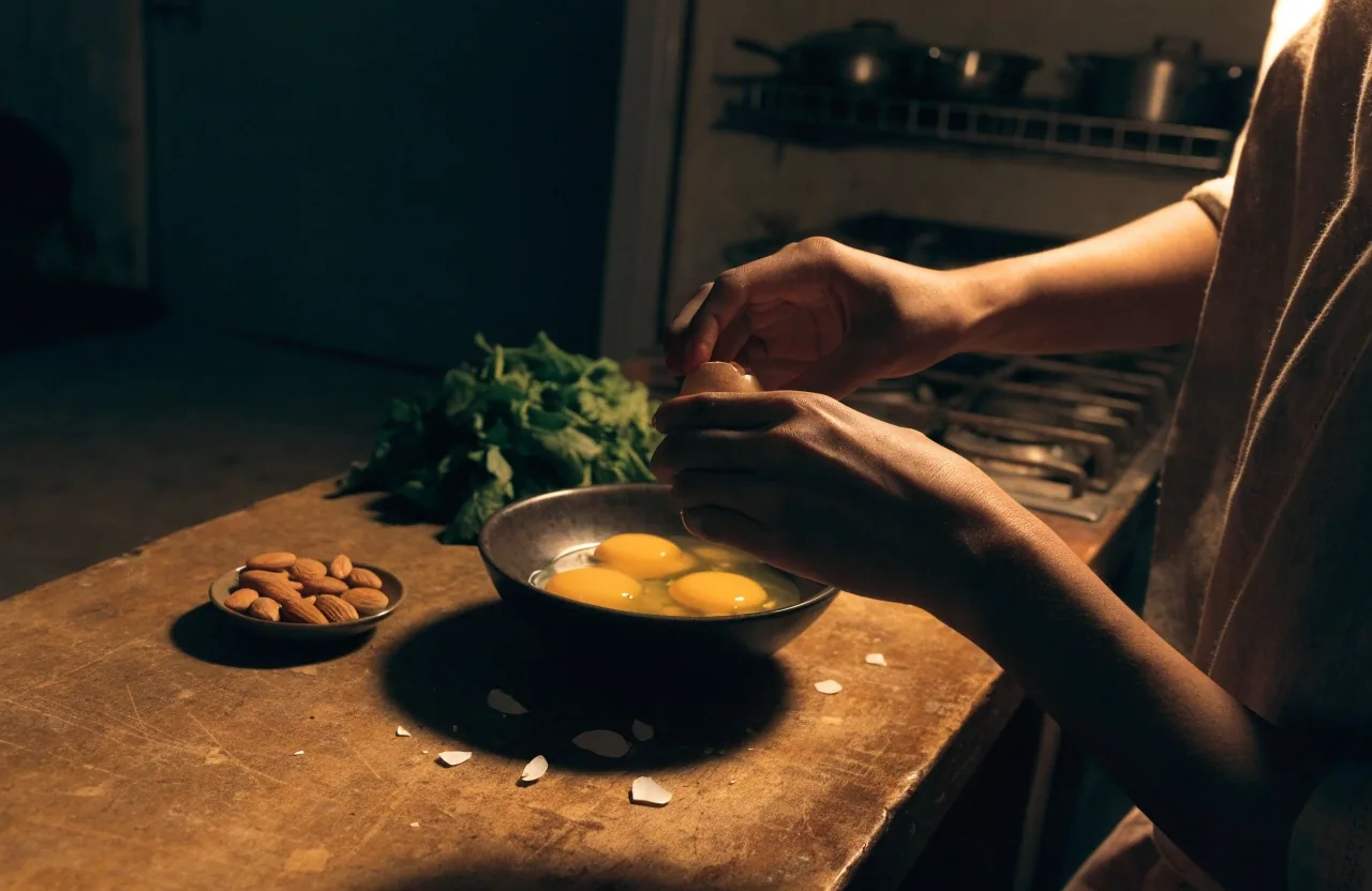 Dark kitchen counter at night with a warm lamp pool falling on eggs, nuts and dark leafy greens beside a bowl of water