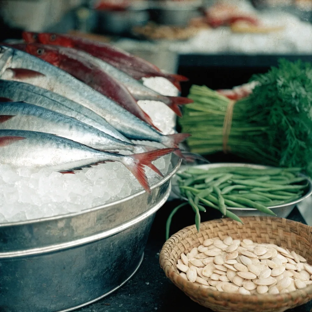 Fish on crushed ice beside a basket of pumpkin seeds, green beans and a bundle of water spinach on a market counter