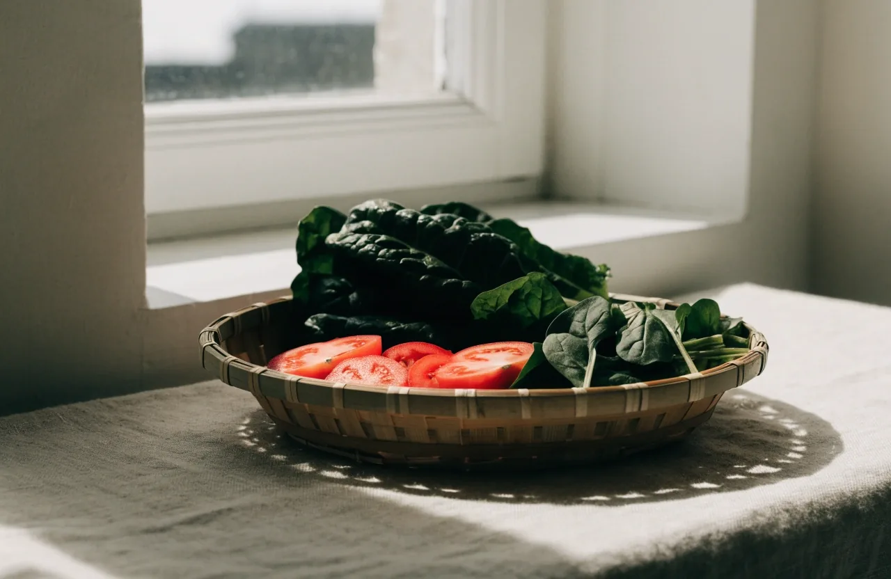 Water spinach, mustard greens, spinach and tomatoes arranged on a pale woven mat in daylight