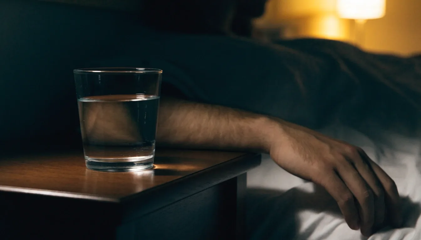 A dark room at night with one warm lamp pool falling across a matte table and a hand resting beside a glass of water
