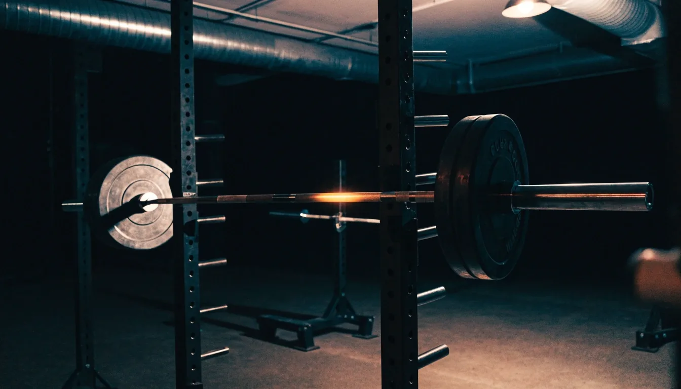 A loaded barbell resting on a rack in a dark gym interior with one warm lamp catching the grip