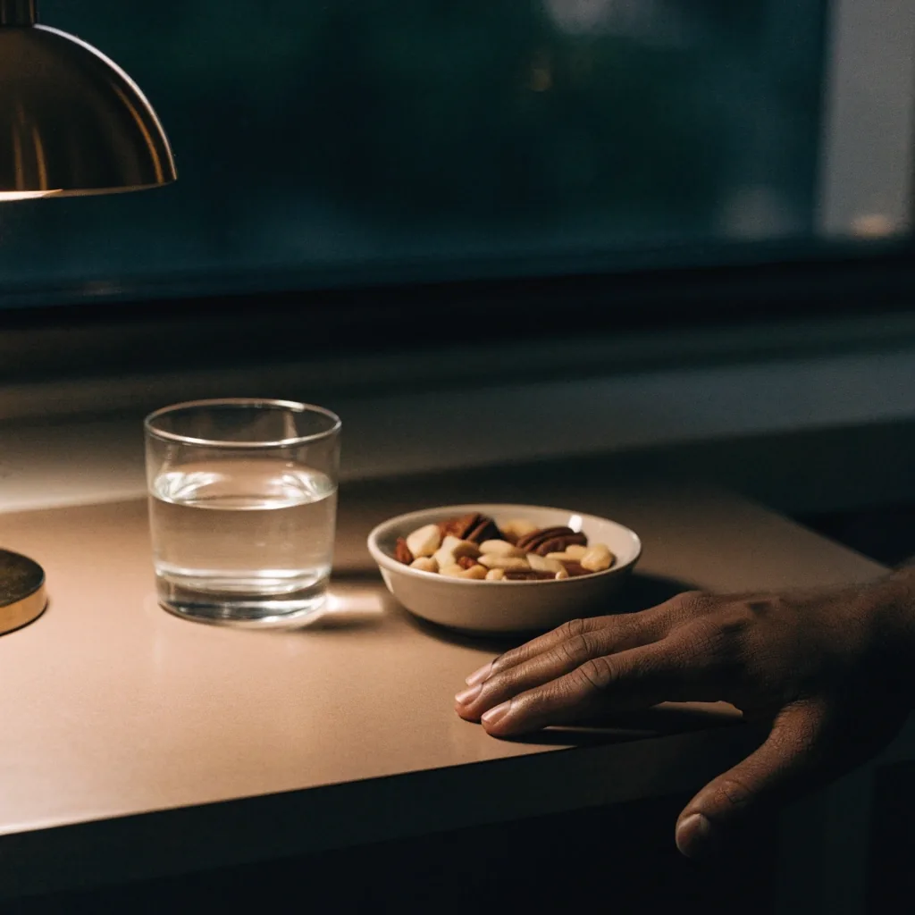 A research desk at night lit by one warm lamp, journals and a glass of water on a matte surface beside a dark window