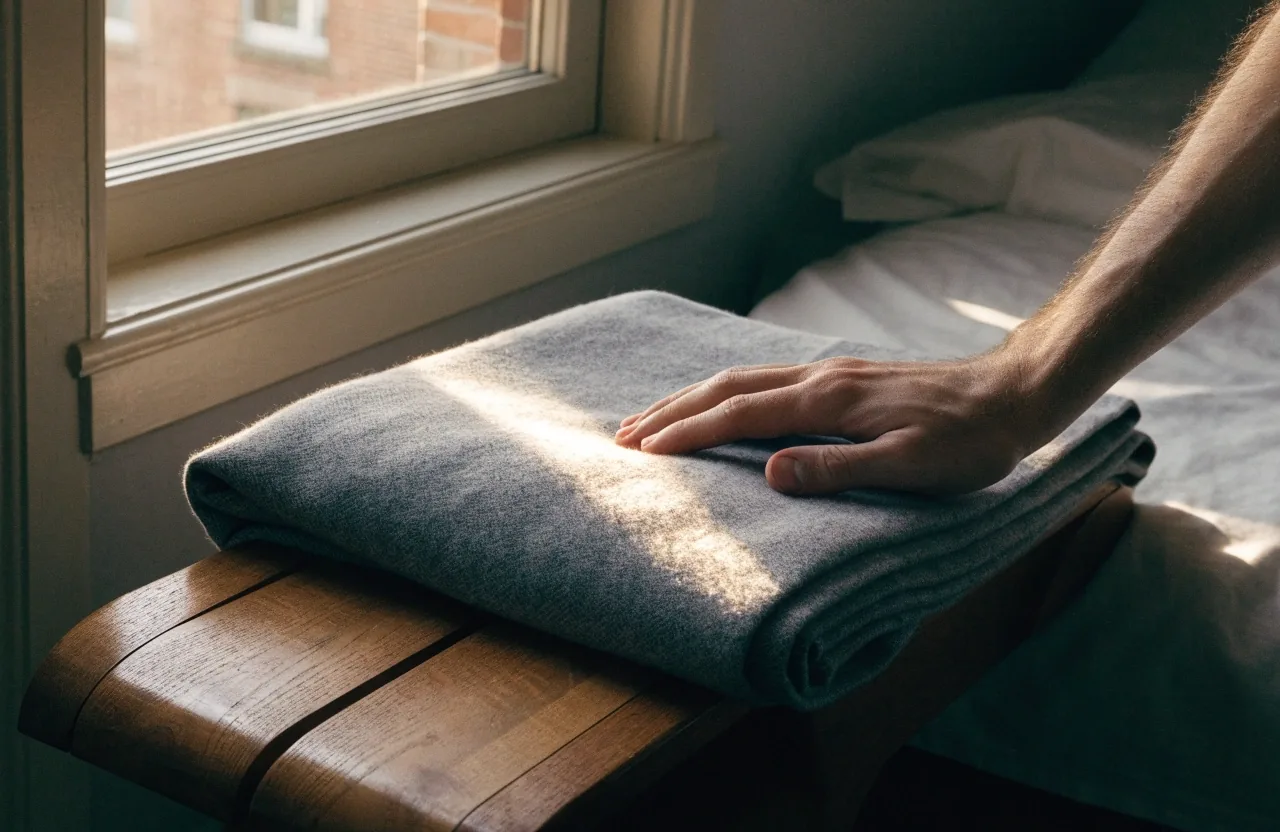 Close view of a cotton bedsheet weave under raking warm light, most of the frame in deep shadow