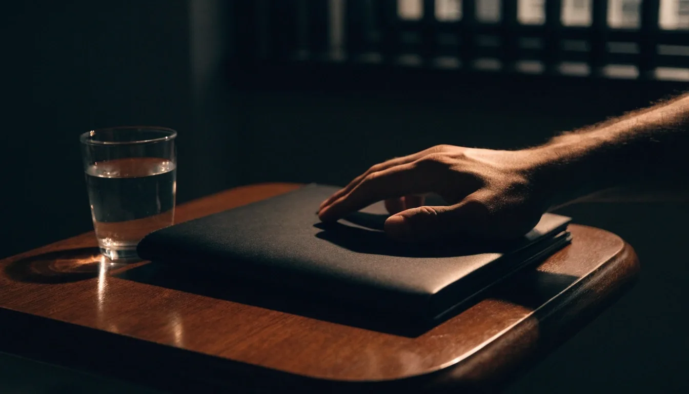 A darkened interior at night with one warm lamp pool on a matte surface beside a dark window band