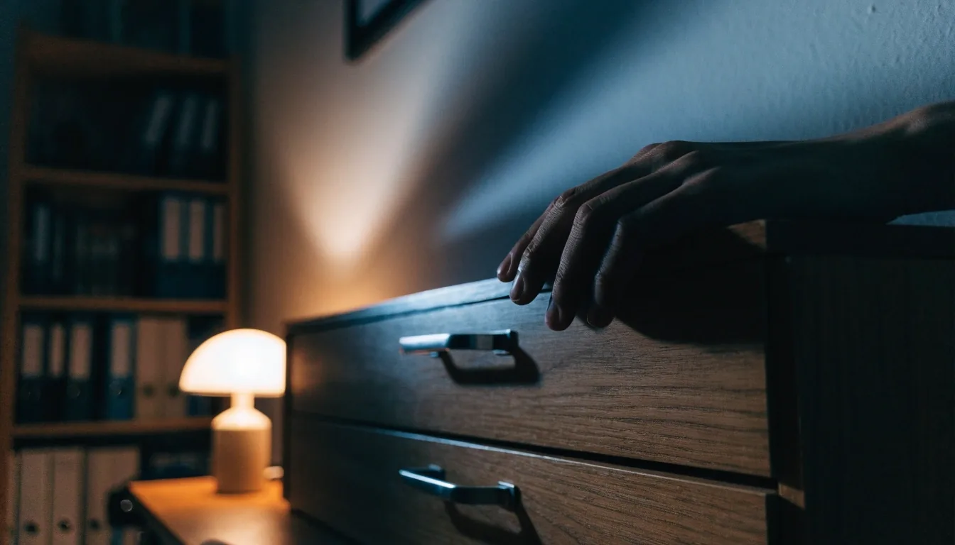 A closed cabinet drawer handle lit by one warm practical light in a dim room