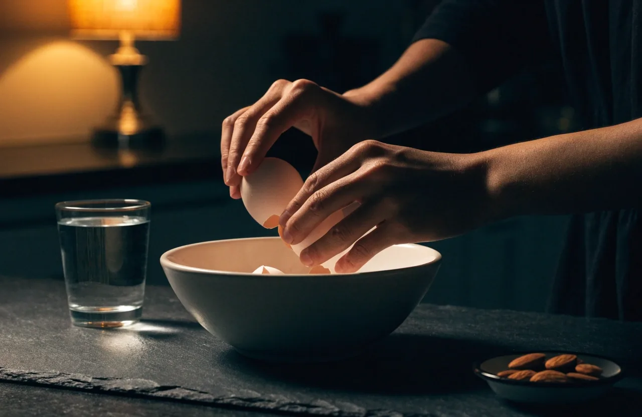 A kitchen counter at night under a single warm lamp, a glass of water on the matte surface and a dark window behind