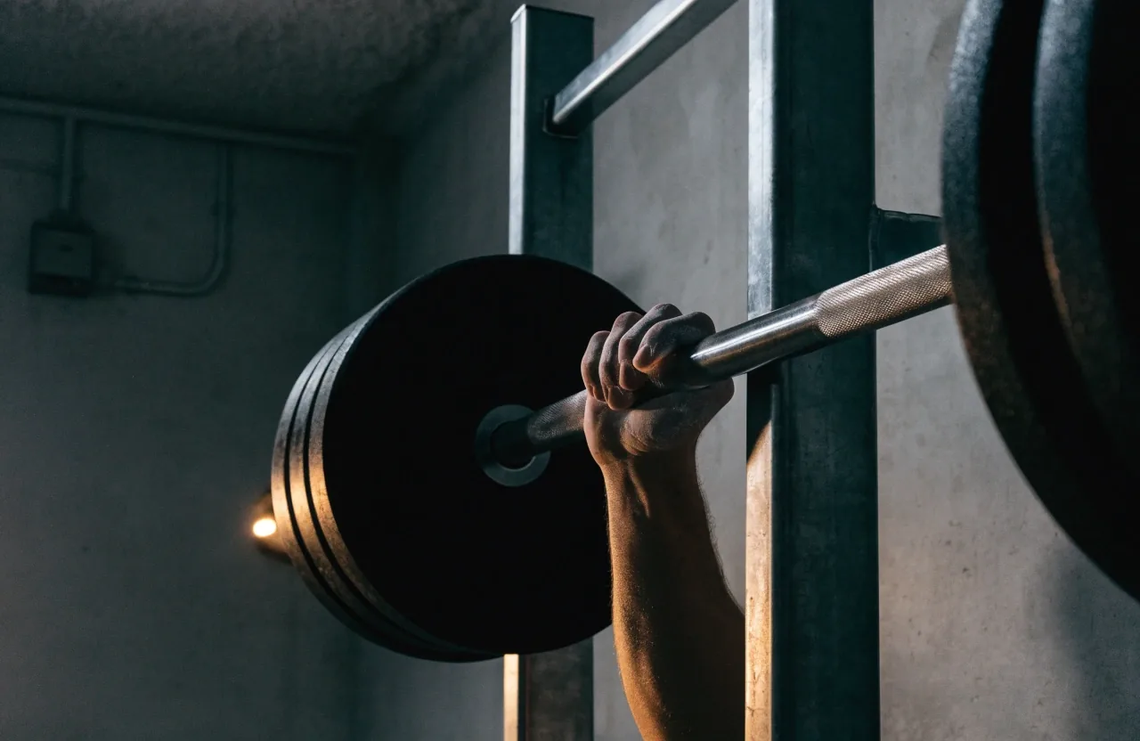 A dim gym at night with a loaded barbell on a rack and one warm light grazing the bar