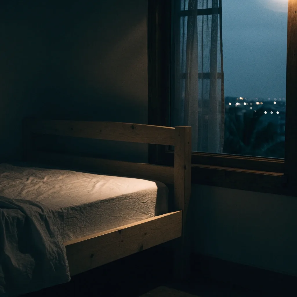 A simple bed beside an open window at night with a warm lamp glow
