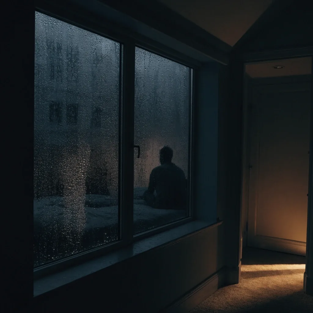 A cool window frame at night with warm light spilling in from the side