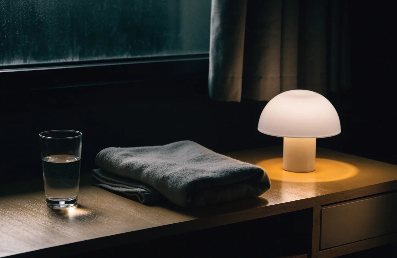 A quiet desk at night lit by one warm lamp, with a glass of water and a folded blanket on the surface