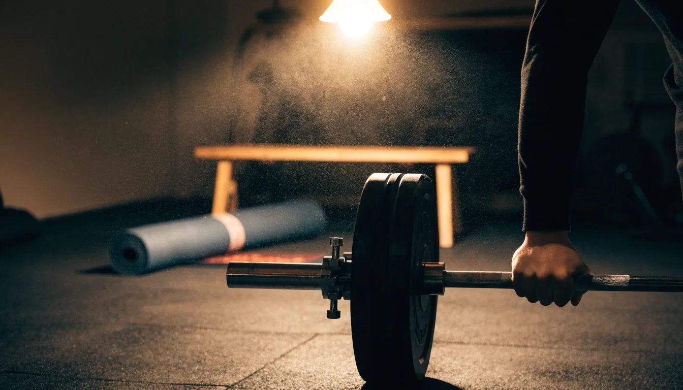 A dim home training corner at night with a rolled mat and bench lit by one warm lamp