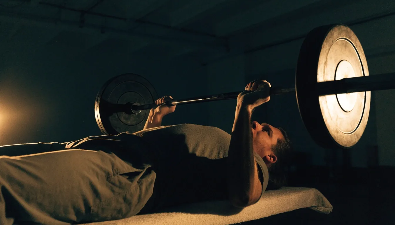 A dimly lit training room at night with one warm light catching a loaded barbell resting on a rack
