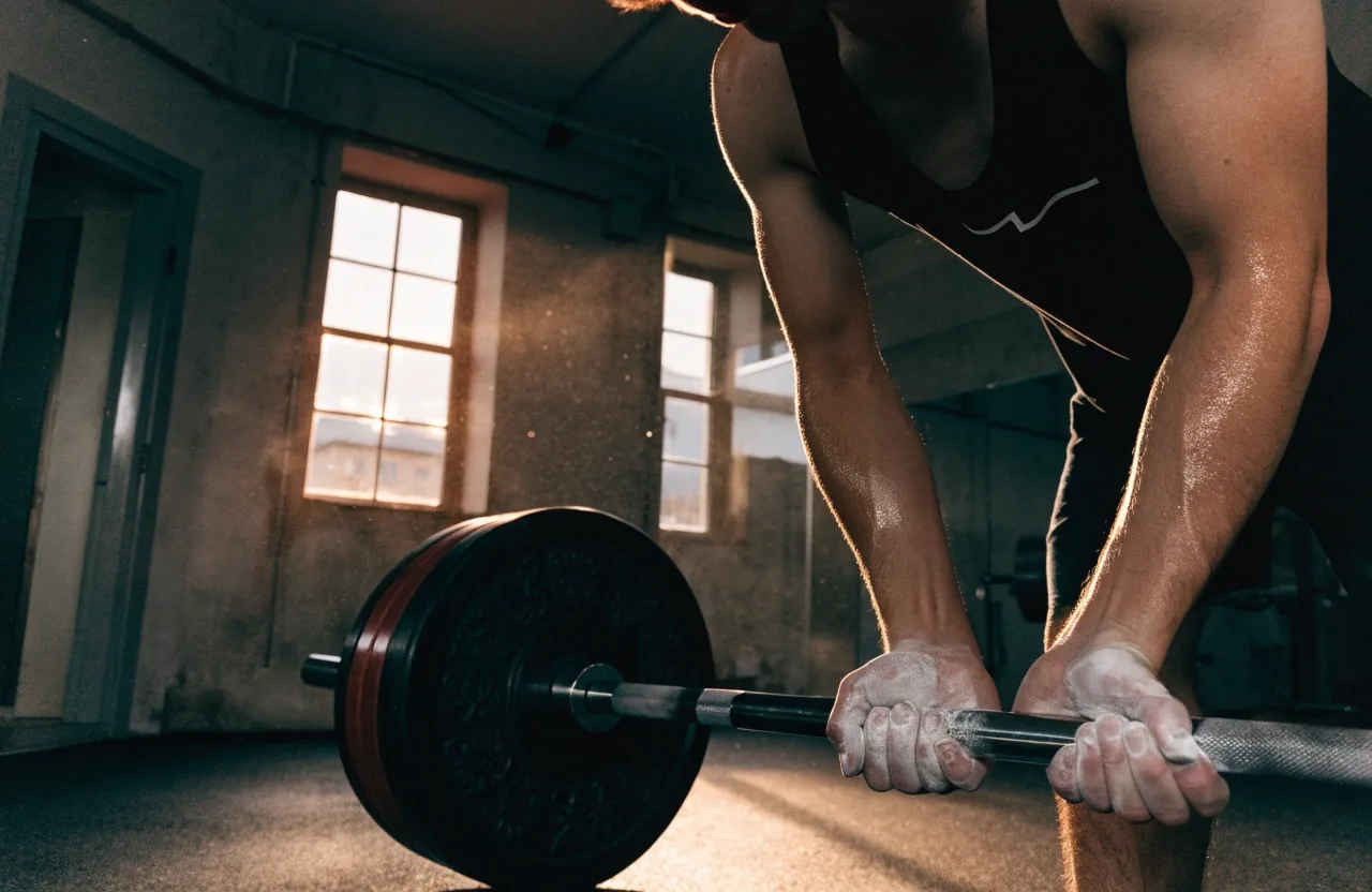 Close view of a dumbbell handle and folded mat on a dark gym floor under one warm light